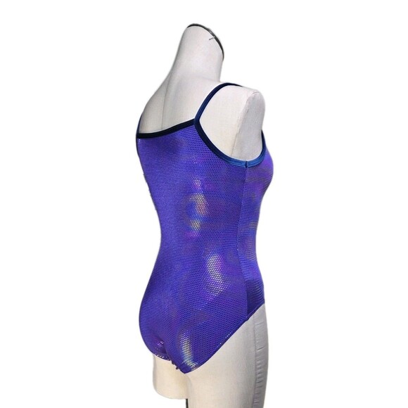 GK Elite VTG Purple Pixelated Swirl Camisole Leotard Velvet Trim Size AM Adult M - Picture 3 of 16